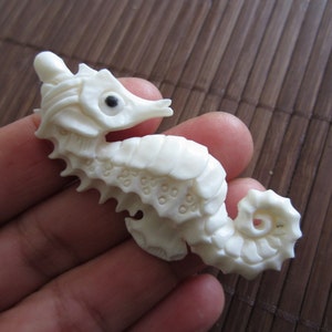 May include: A white carved seahorse figurine with a black eye. The seahorse is detailed with ridges and dots.