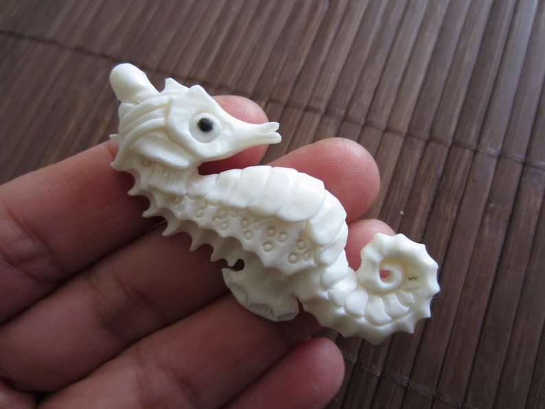 May include: A white carved seahorse figurine with a black eye. The seahorse is detailed with ridges and dots.