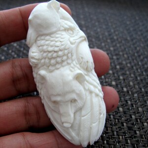 Beautiful  Carved buffalo  bone, Spirit of  Bear eagle and wolf, Jewelry making supplies B8695-F