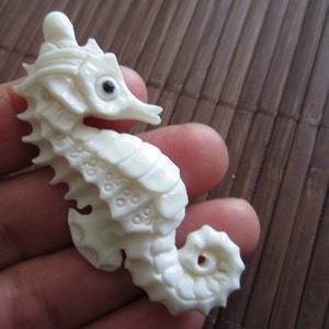 May include: A white carved seahorse figurine with a black eye. The seahorse is detailed with ridges and scales.