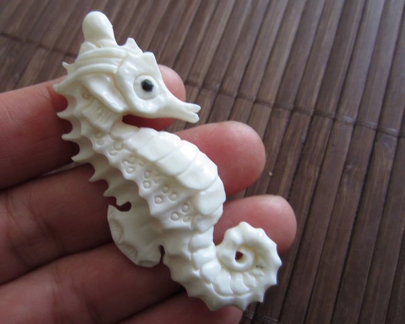 May include: A white carved seahorse figurine with a black eye. The seahorse is detailed with ridges and scales.