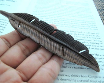 Extra large  Carved Wood Feather Pendant Necklace, SIDE-DRILLED, Jewelry making supplies  B8780
