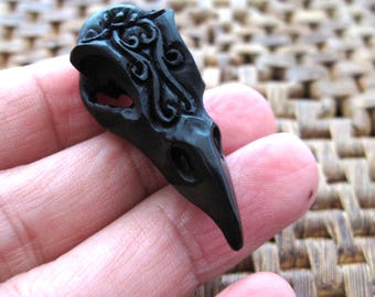 Gorgeously  Detailed Raven Skull, Hand Carved Buffalo Horn, Gothic Pendant ,  Jewelry Making Supplies B8510