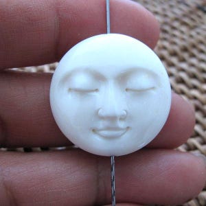 25mm  Moon Face BEAD with Closed Eyes, Top to Bottom Drilled, Single-Sided, Hand Carved from Buffalo Bone, Jewelry making supplies, B5641