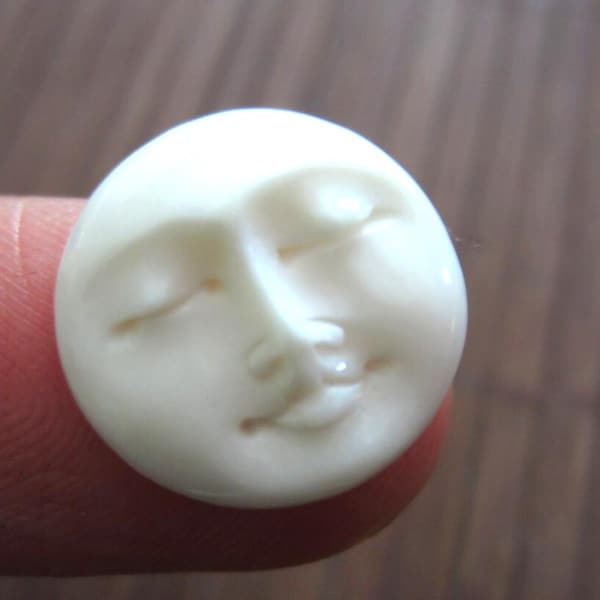 15mm Hand Carved Moon Face CLOSED Eye Cabochon, Buffalo Bone Carving, Natural Component, Jewelry Supplies B1044