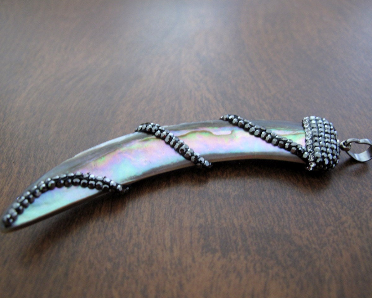 Excellent Detail Hand Carved Abalone Shell Tusk Pendant With