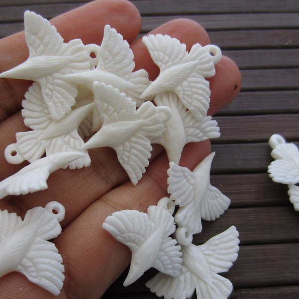 PAIR of Earring Sized (25mm x 26 mm) White Ravens, Hand Carved Buffalo Bone Pendant, Beads, Jewelry making Supplies B5649