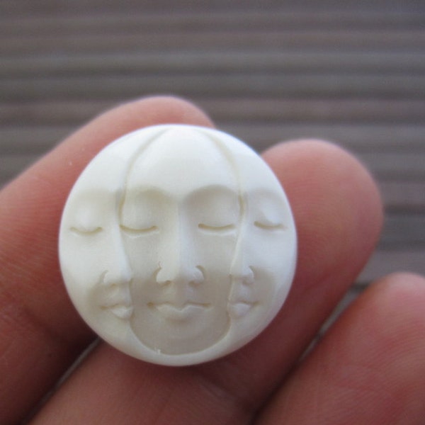 Beautiful 20 mm Gorgeous Hand Carved Three Face Cabochon with closed Eye, Bone Component, Cabochon for Setting B4170