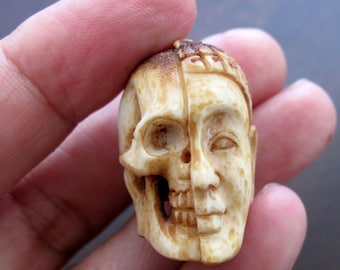 Unique two Face Skull, Bone Sculpture, Carved  Deer Antler ,  Jewelry making supplies B5660-C