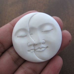 40 mm  Phase Moon Face with Closed Eyes, Large Moon Face, Hand Carved Buffalo Bone, Slightly curved Back, Jewelry making Supplies B6914