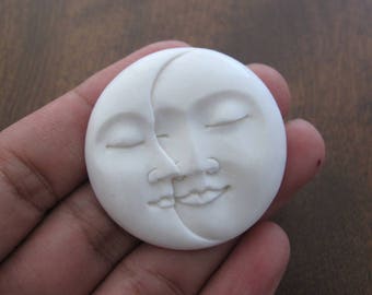 40 mm  Phase Moon Face with Closed Eyes, Large Moon Face, Hand Carved Buffalo Bone, Slightly curved Back, Jewelry making Supplies B6914