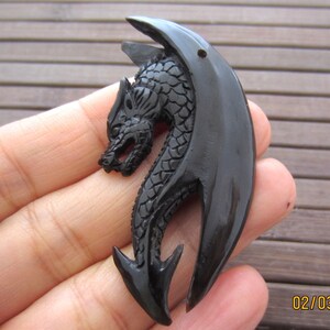 AAA Excellent Hand Carved black Dragon , Buffalo bone carving, Flat back, DRILLED, Jewelry making Supplies B5817 image 2