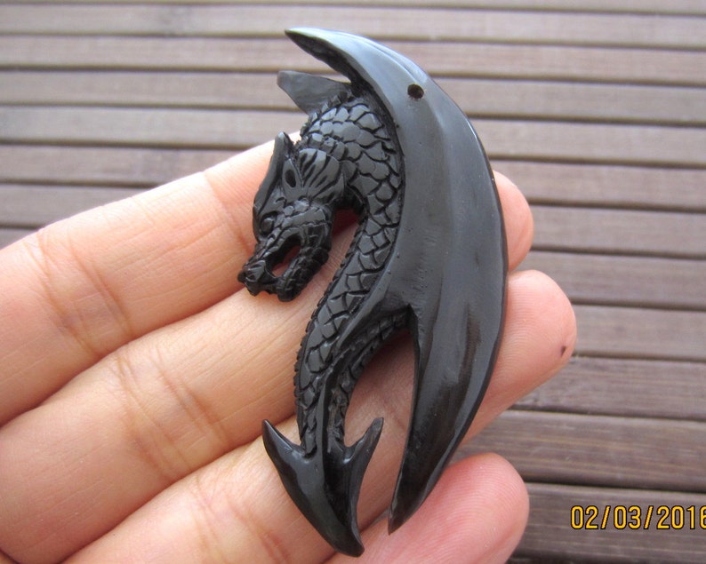 AAA Excellent Hand Carved black Dragon , Buffalo bone carving, Flat back, DRILLED, Jewelry making Supplies B5817 image 2