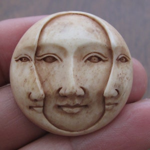 Antique Look Hand Carved  30mm Three Face Moon Cabochon with OPEN Eyes, Buffalo Bone Component, Cabochon for Setting B4035