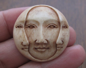 Antique Look Hand Carved  30mm Three Face Moon Cabochon with OPEN Eyes, Buffalo Bone Component, Cabochon for Setting B4035