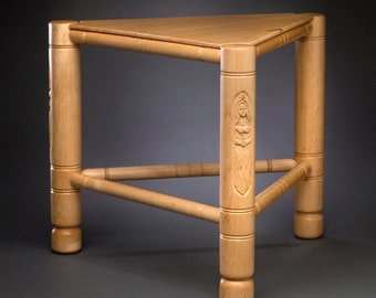Medieval 3-legged Wooden Stool (or side table) with Carvings