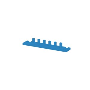 May include: A bright blue rectangular plastic organizer tray featuring six evenly spaced vertical pegs protruding from the top surface. The base has a stepped design with a small notch on the right side, providing a structured layout for storage.