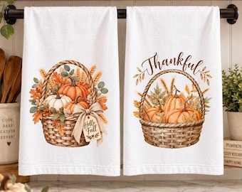 Fall Kitchen Towel Set | Pumpkin Basket, Thankful Flour Sack Towels (Set of 2)