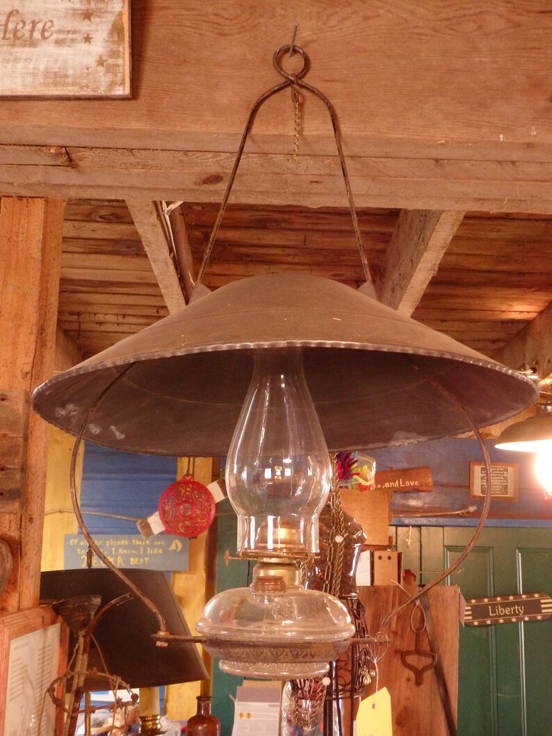 Antique Hanging Kerosene Lamp Holder With Tin Shade Etsy