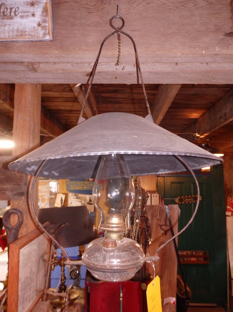 Antique Hanging Kerosene Lamp Holder With Tin Shade Etsy