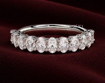 Anniversary Band Women Gold, 1.4Ct Excellent Cut Oval VVS1 Moissanite 14K White Gold Half Eternity Band, Moissanite Jewelry for Women's