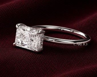Wedding Anniversary Ring for Her White Gold, 2.5 Ct Radiant Cut Moissanite East West 14K White Gold Hidden Halo Ring, Christmas Gifts