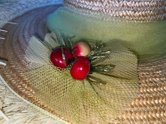 Vintage Ladies Straw Hat with Fringe and Cherries! - image 2