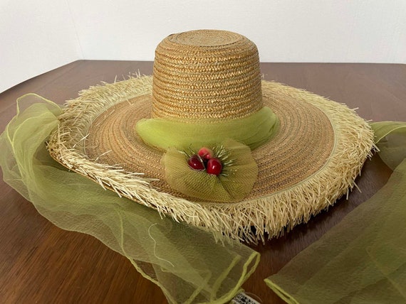 Vintage Ladies Straw Hat with Fringe and Cherries! - image 1