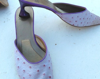 Charles Jordan France Faux ostrich mules slides shoes Orchid purple heels Retro vintage mod