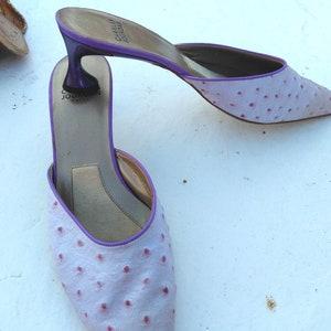 Charles Jordan France Faux ostrich mules slides shoes Orchid purple heels Retro vintage mod