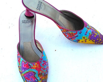 Charles Jordan France Mod multi color print mules slides shoes pink heels Retro vintage 7.5