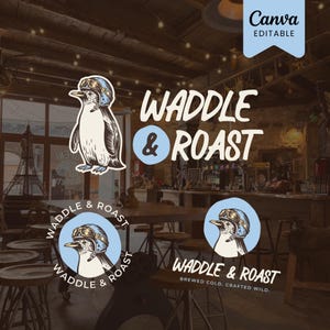 May include: A graphic design featuring a penguin wearing aviator goggles and a helmet, with the text WADDLE & ROAST. The design appears in three variations, including a circular logo format with the text BREWED COLD, CRAFTED WILD.