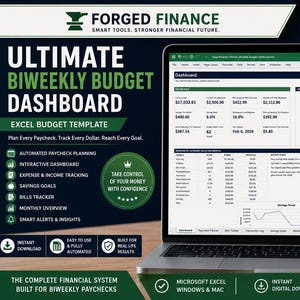 May include: A laptop screen displaying the Forged Finance Ultimate Biweekly Budget Dashboard, an Excel template featuring financial data, pie charts, bar graphs, and line trends. The interface includes sections for automated paycheck planning, expense tracking, and smart alerts.