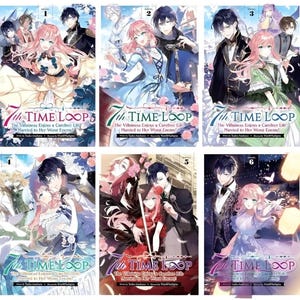 May include: A collection of six light novel volumes titled 7th Time Loop: The Villainess Enjoys a Carefree Life Married to Her Worst Enemy! Each cover features anime-style illustrations of a pink-haired character and a dark-haired character.
