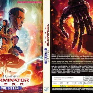 May include: A DVD cover for Terminator Zero volumes 1-8. The front features anime-style characters, a robotic skull, and lightning effects. The back displays a mechanical hand, plot summary text, technical specifications, and a barcode.