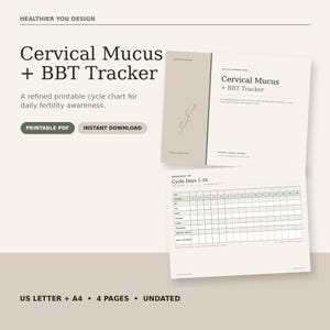 Puede incluir: Un documento PDF imprimible Cervical Mucus + BBT Tracker que incluye una tabla de ciclo para el seguimiento diario de la fertilidad. El diseño incluye una portada con un dibujo lineal y una cuadrícula para los días 1-16, tamaño A4.