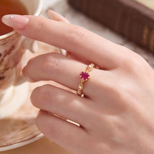 Ruby Ring, Vintage Halo Gemstone Ring for Her, Elegant Romantic Anniversary Gift