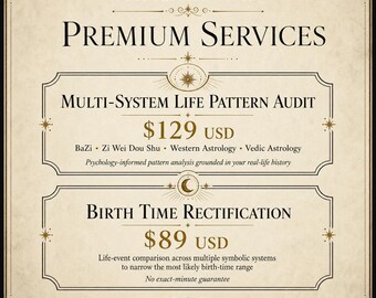 May include: A beige informational sign titled The Pattern Witch Premium Services. It lists a Multi-System Life Pattern Audit for $129 USD and Birth Time Rectification for $89 USD, including details on BaZi, Zi Wei Dou Shu, Western and Vedic Astrology.