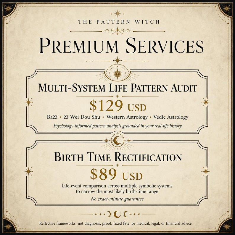 May include: A beige informational sign titled The Pattern Witch Premium Services. It lists a Multi-System Life Pattern Audit for $129 USD and Birth Time Rectification for $89 USD, including details on BaZi, Zi Wei Dou Shu, Western and Vedic Astrology.