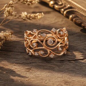 Anillo de filigrana de oro rosa, anillo llamativo con remolinos de cristal, anillo con diseño Art Nouveau, anillo de cóctel ancho, regalo para ella.