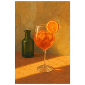 May include: A painting of a stemmed glass filled with an orange liquid, ice cubes, and a fresh orange slice garnish, positioned next to a dark green glass bottle. The scene features warm, golden lighting and textured brushstrokes throughout.