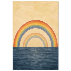 May include: A vertical art print featuring a double rainbow arching over a dark blue ocean. The rainbow displays bands of red, orange, yellow, green, blue, and violet against a textured, light beige background that resembles aged paper.
