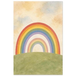 May include: A watercolour illustration featuring a vibrant, multi-coloured rainbow arching over a textured green hill. The background consists of a soft, pale yellow and cream sky with subtle, light blue cloud-like washes of colour throughout.