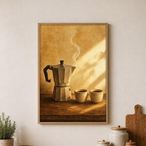 Affiche aquarelle « Moka Cafetière du matin », décoration murale pour chariot de bar, décoration de cuisine, téléchargement numérique imprimable, GHB-K50