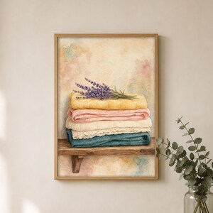 Folded Linen Stack Watercolor Print, Vintage Bath Art, Laundry Room Decor, Printable Digital Download, GHB-A06