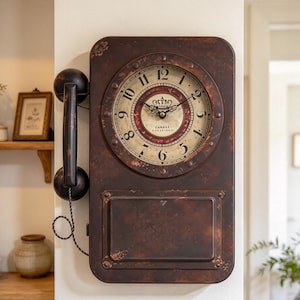 May include: A wall-mounted clock designed to resemble a vintage telephone, featuring a dark, distressed brown metal finish. The clock face has black Arabic numerals, a central crown emblem, and the text CANALS VERSAILLES. A handset is attached.