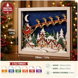 May include: A multi-layered wooden shadow box featuring a Christmas scene with Santa in a red sleigh pulled by reindeer over a snowy village. The design includes a church, houses, and pine trees against a dark blue night sky with a crescent moon. Dimensions are 5.91 inches by 7.87 inches.
