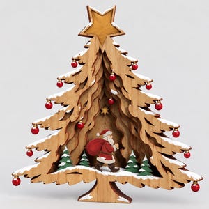 Puede incluir: Una decoración de árbol de Navidad de madera en capas con un diseño recortado, una estrella dorada en la punta, detalles de nieve blanca en las ramas, pequeños adornos esféricos rojos y una figura central de Santa Claus con un saco rojo cerca de pinos verdes.
