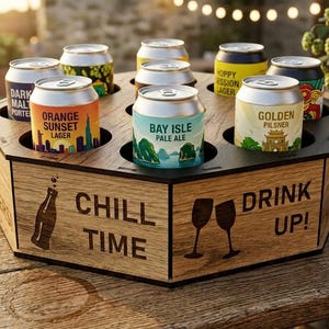 Puede incluir: Un portacervezas hexagonal de madera con ocho aberturas circulares que contienen varias latas de aluminio. Los paneles laterales presentan texto grabado con láser que dice CHILL TIME y DRINK UP, junto a ilustraciones de una botella y dos copas.