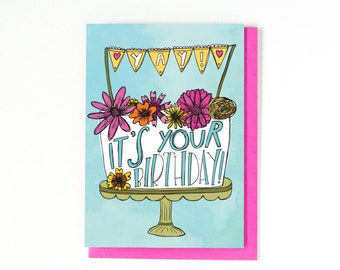 Birthday Card - Happy Birthday Greeting Card - Birthday Cake Card - Birthday Cake Illustration - Yay It's Your Birthday! - Blank Inside Card